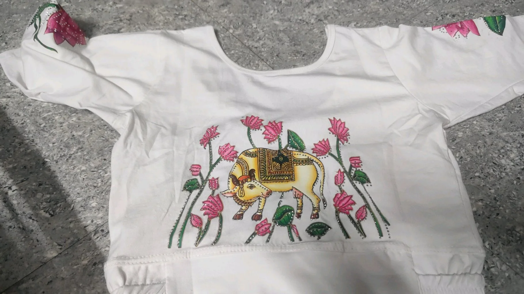 Hot Pink Blouse with Cow and Lotus Handpaint thumbnail 3