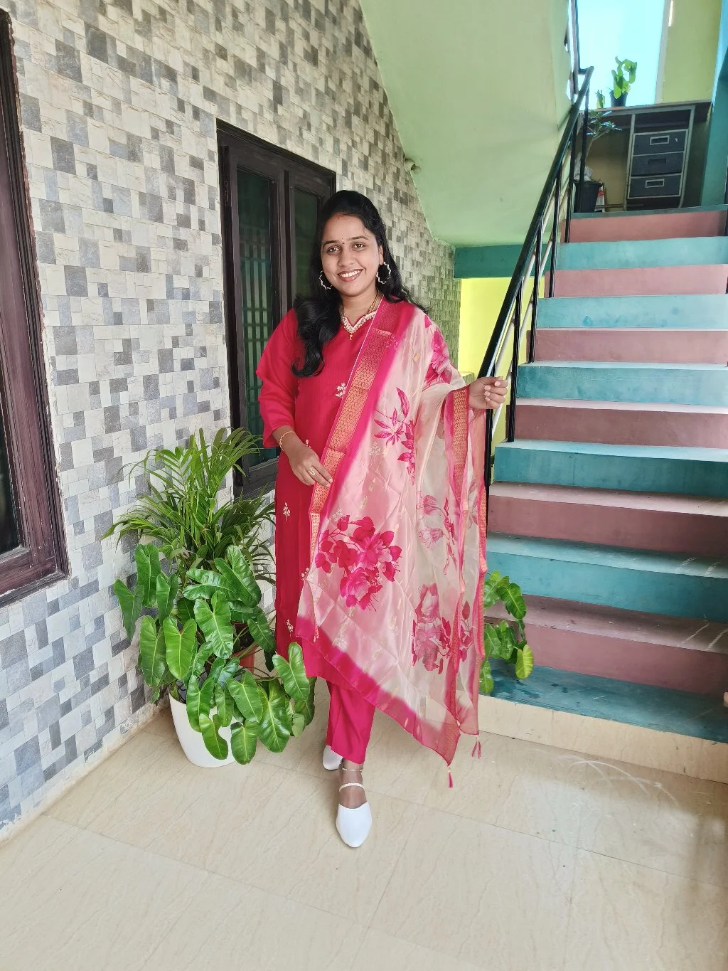 Red Kurta Set with Floral Organza Dupatta