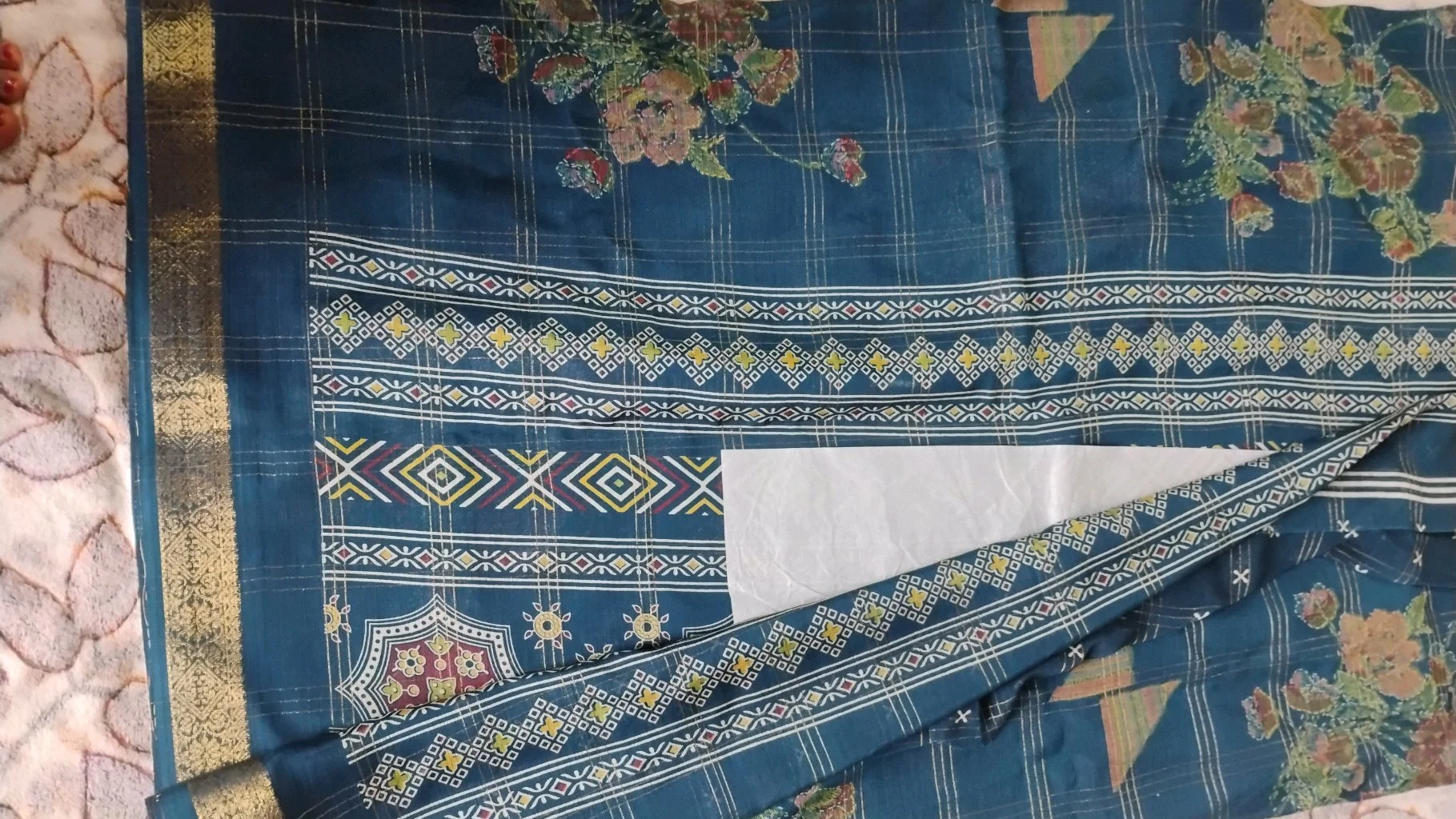 Blue Silk Blend Saree with Gold Checkered Pattern and Floral Print thumbnail 6