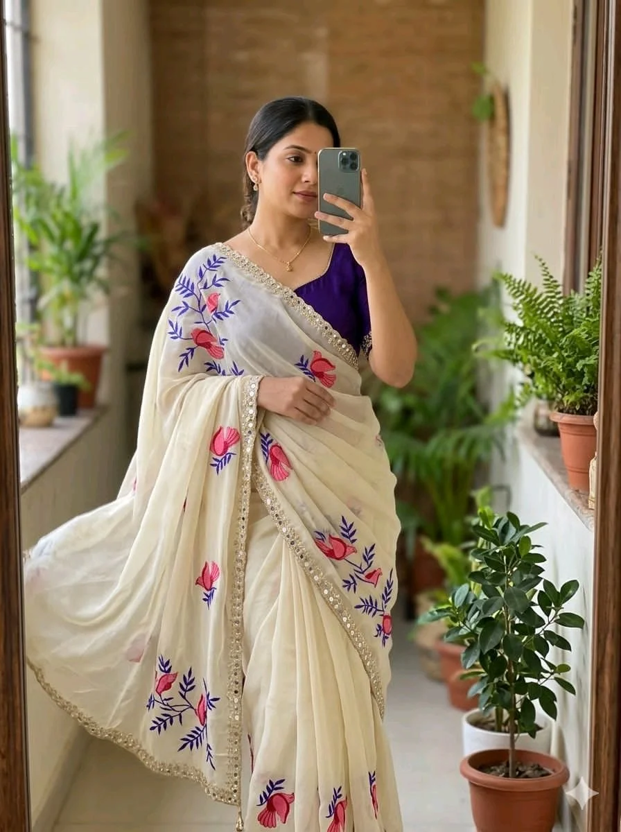 Cream Floral Embroidered Saree with Mirror Work thumbnail 1
