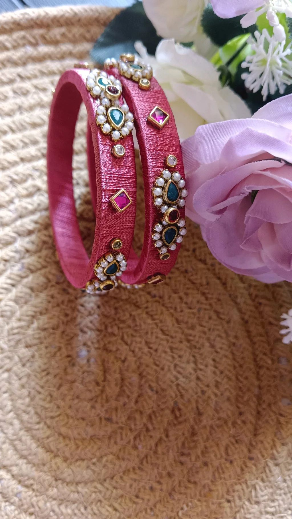 Multicolor and Red Kundan Stone Thread Bangles Set thumbnail 2