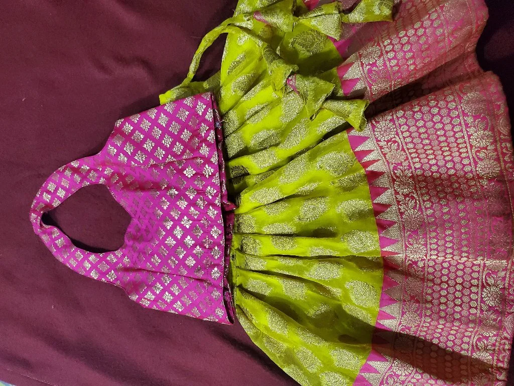 Lemon Yellow With Pink Boarder Semi Organza Kids Fancy Lehanga. thumbnail 2