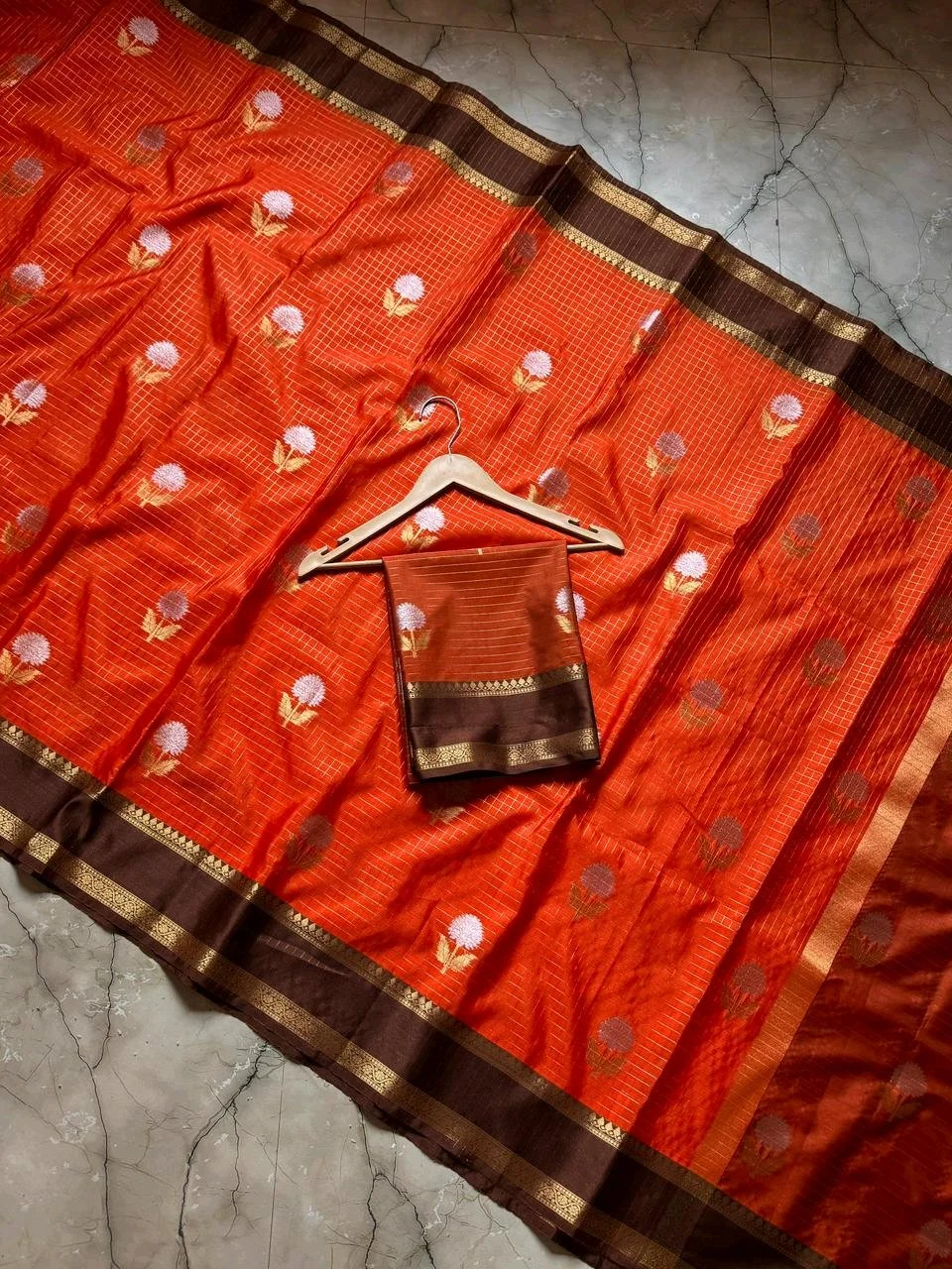 Orange Silk Saree with Brown Zari Border and Floral Buttis thumbnail 6