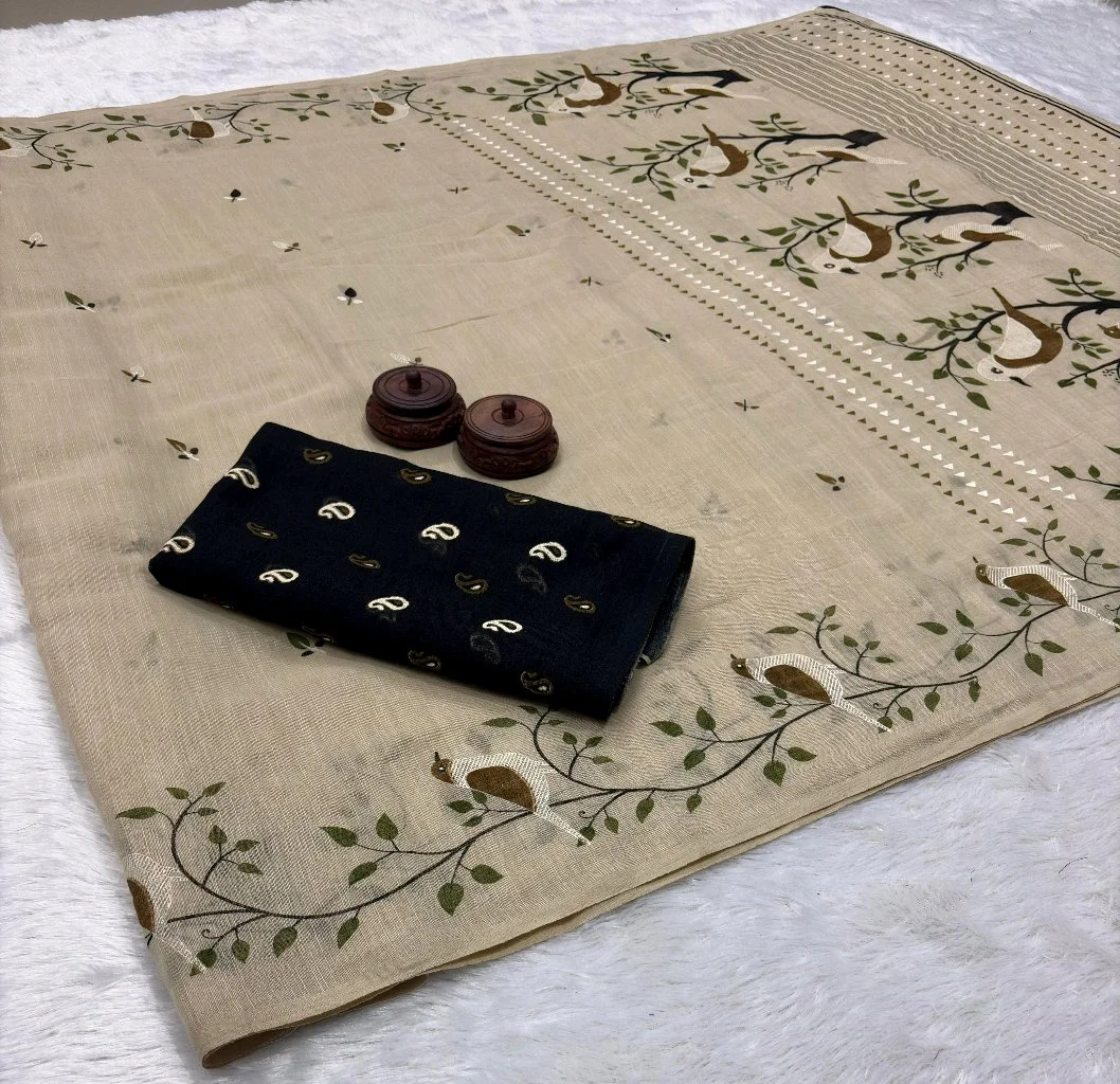 Soft Lenin Cotton Saree Beige Bird Motif Saree with Black Blouse Piece