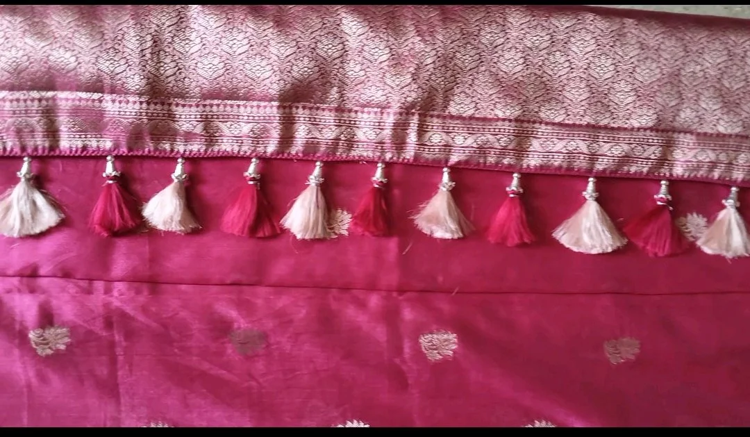 Pink Saree Pallu Tassels with Gold Zari Border
