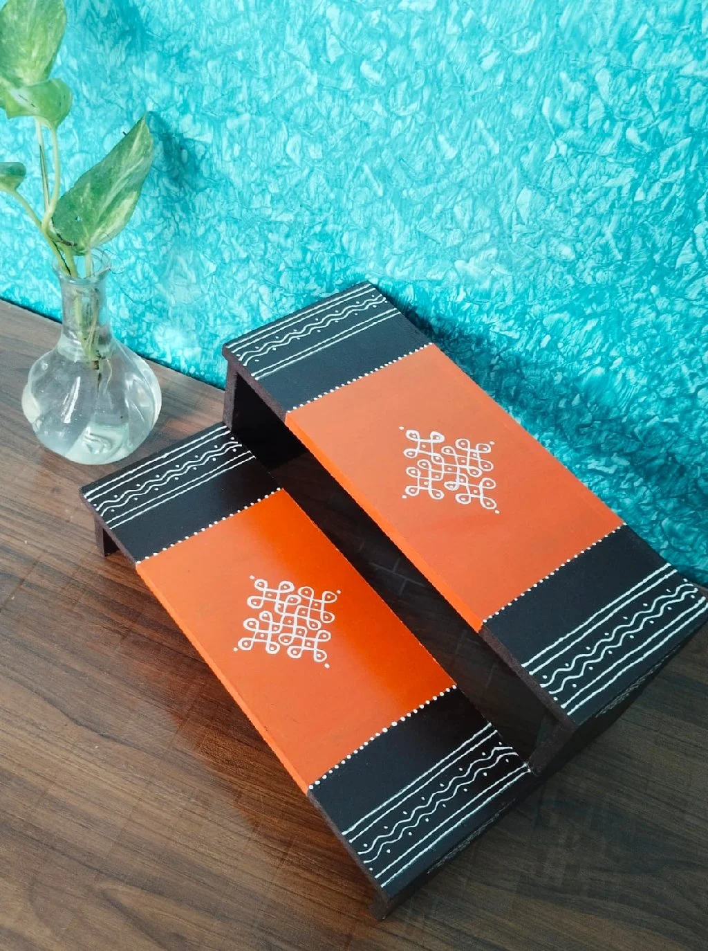 Hand Painted Kolam Wooden Display Steps Set - Variant 2
