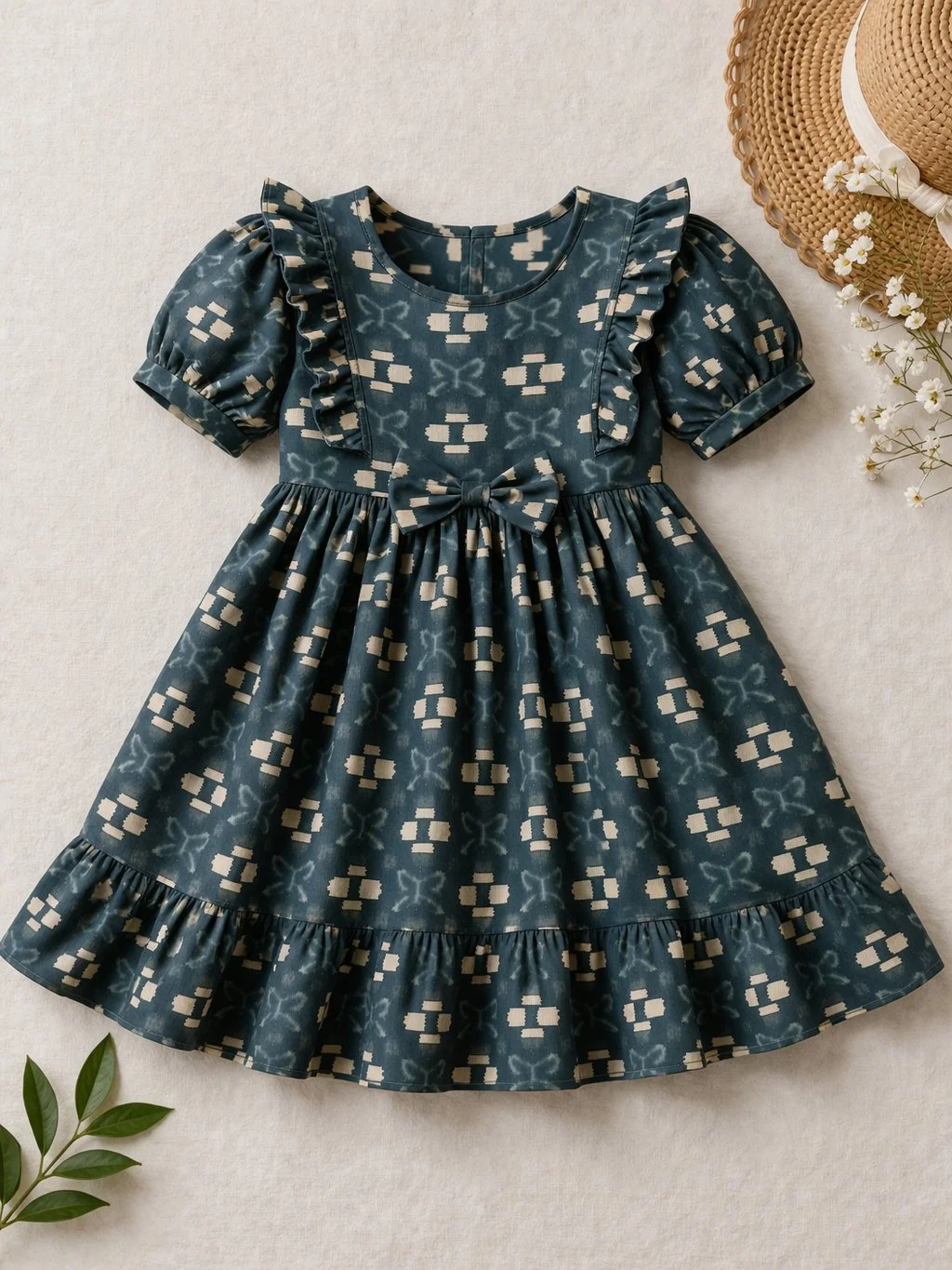 Dark Teal Geometric Print Ruffled Cotton Frock