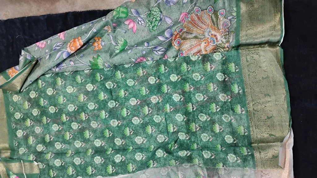 Sage Green Floral Print Saree with Zari Border thumbnail 3