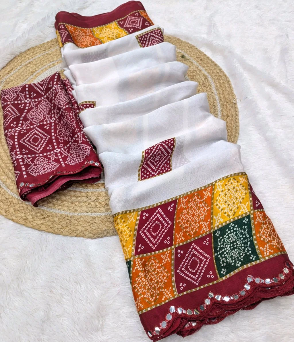 Turkey Silk Saree With Bandhani Print Material with Mirror Work thumbnail 5