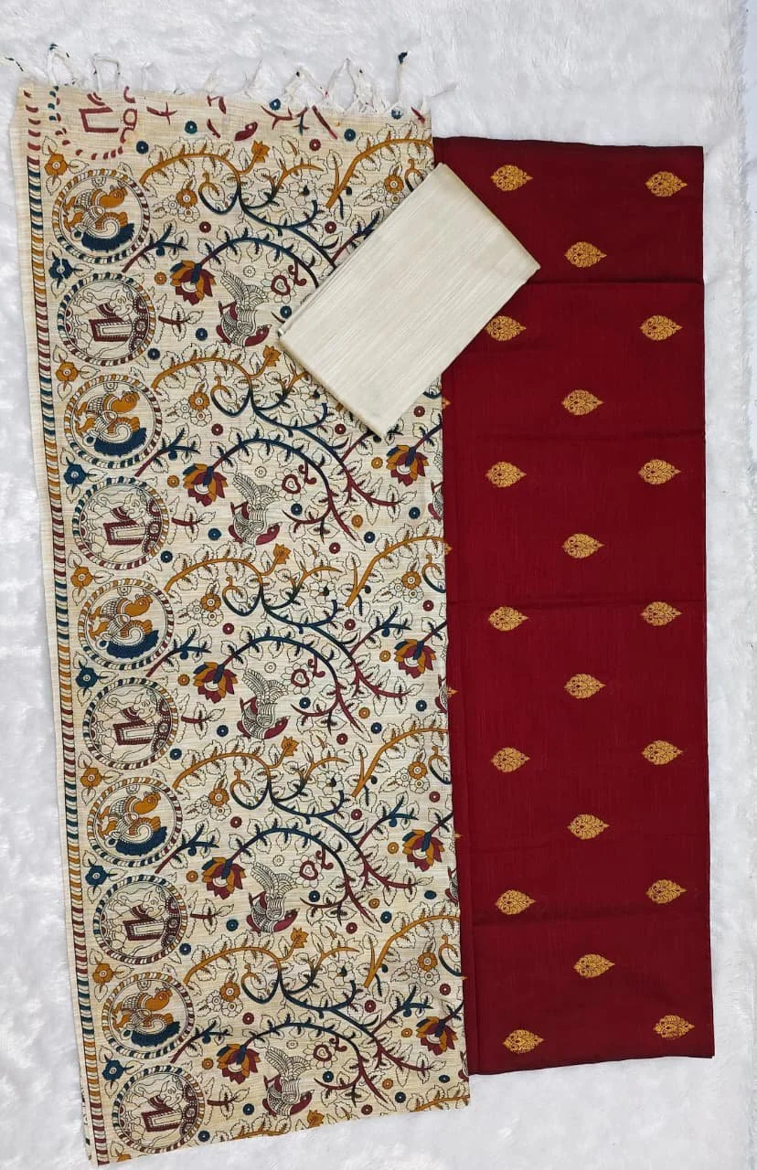 Olive Green and Cream Kalamkari Print Unstitched Dress Material