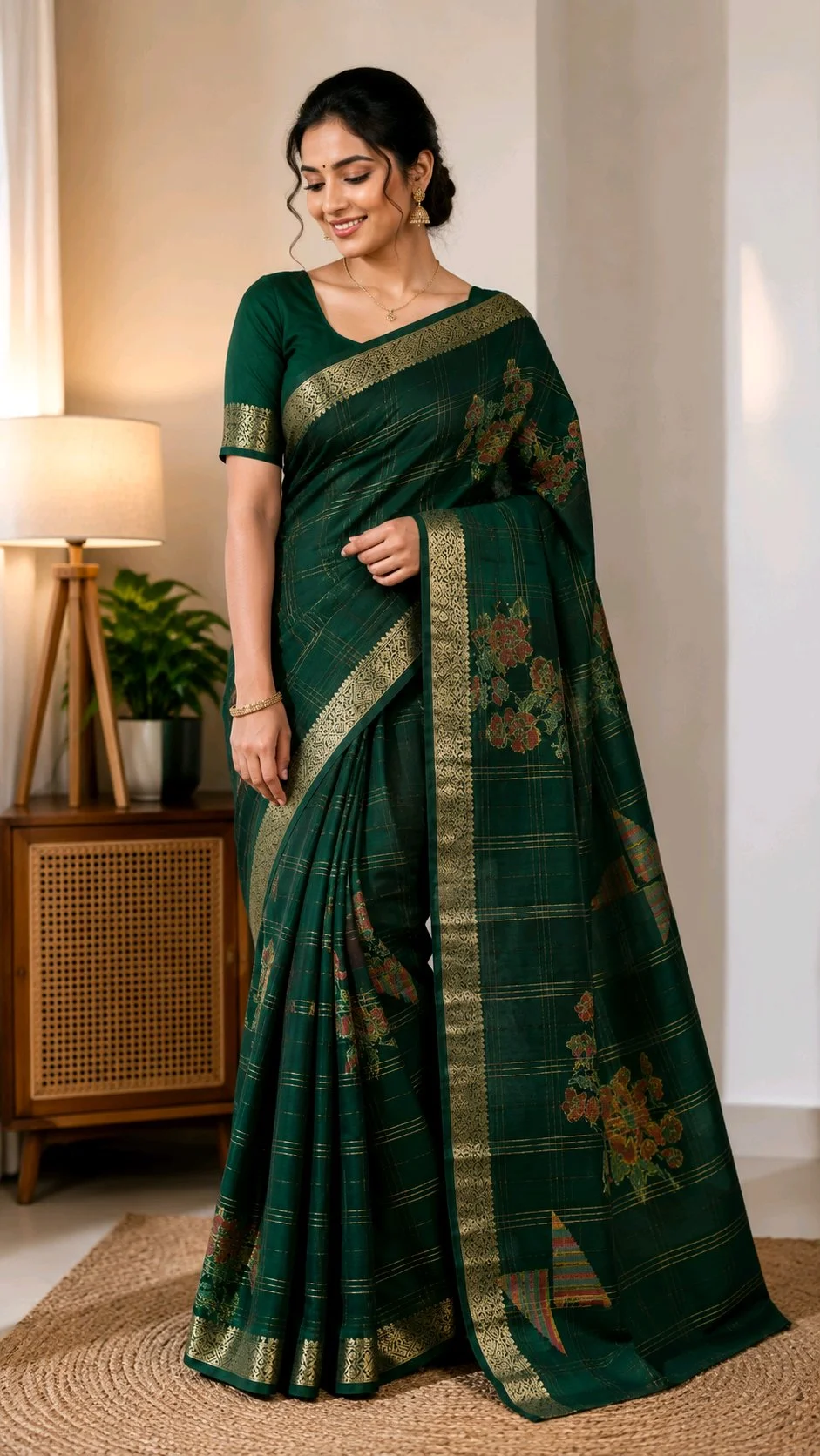 Emerald Green Silk Blend Saree with Gold Checkered Pattern and Floral Print thumbnail 1