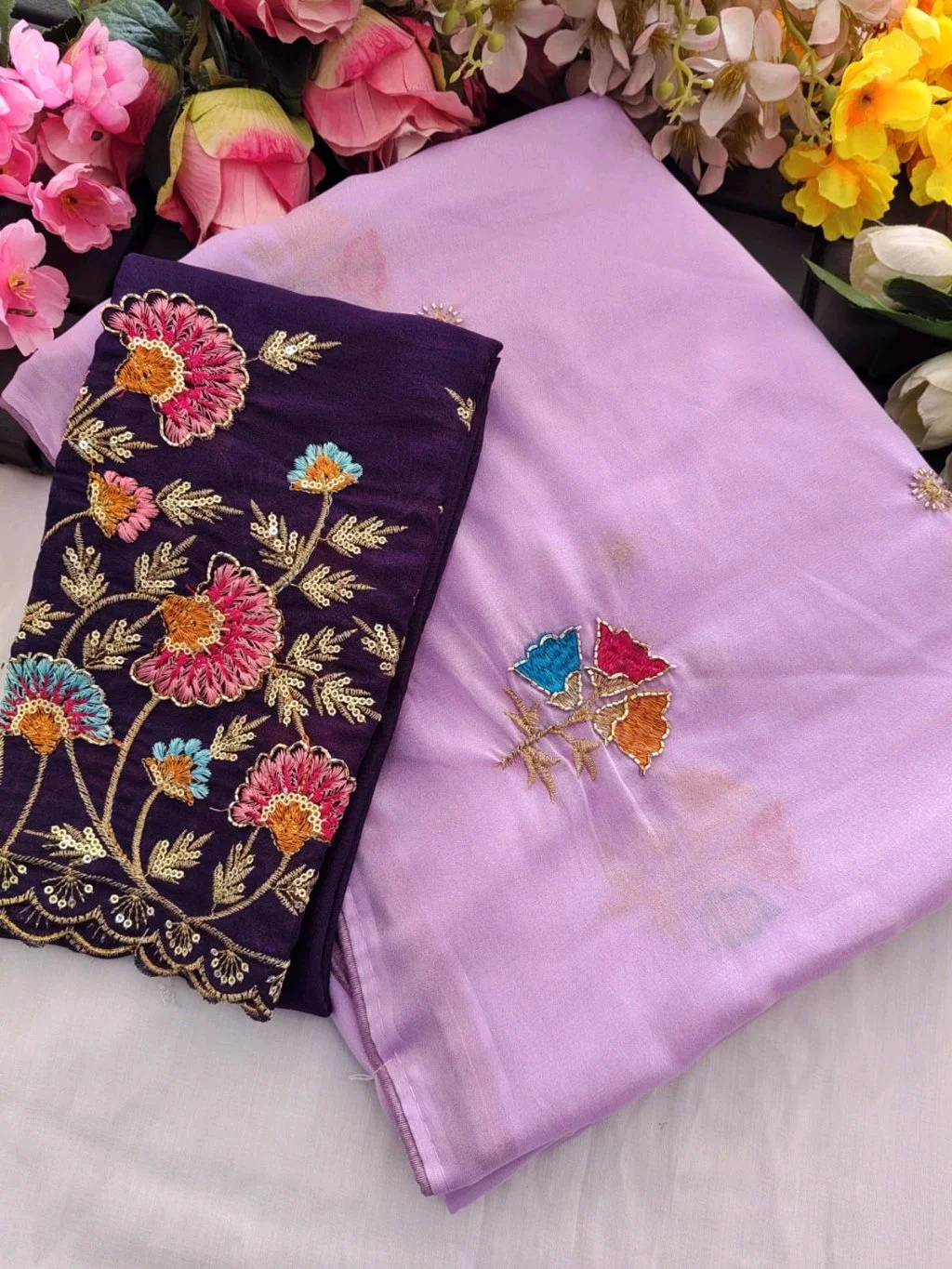 Star Georgette  Saree with Heavy Embroidered Blouse Piece 1