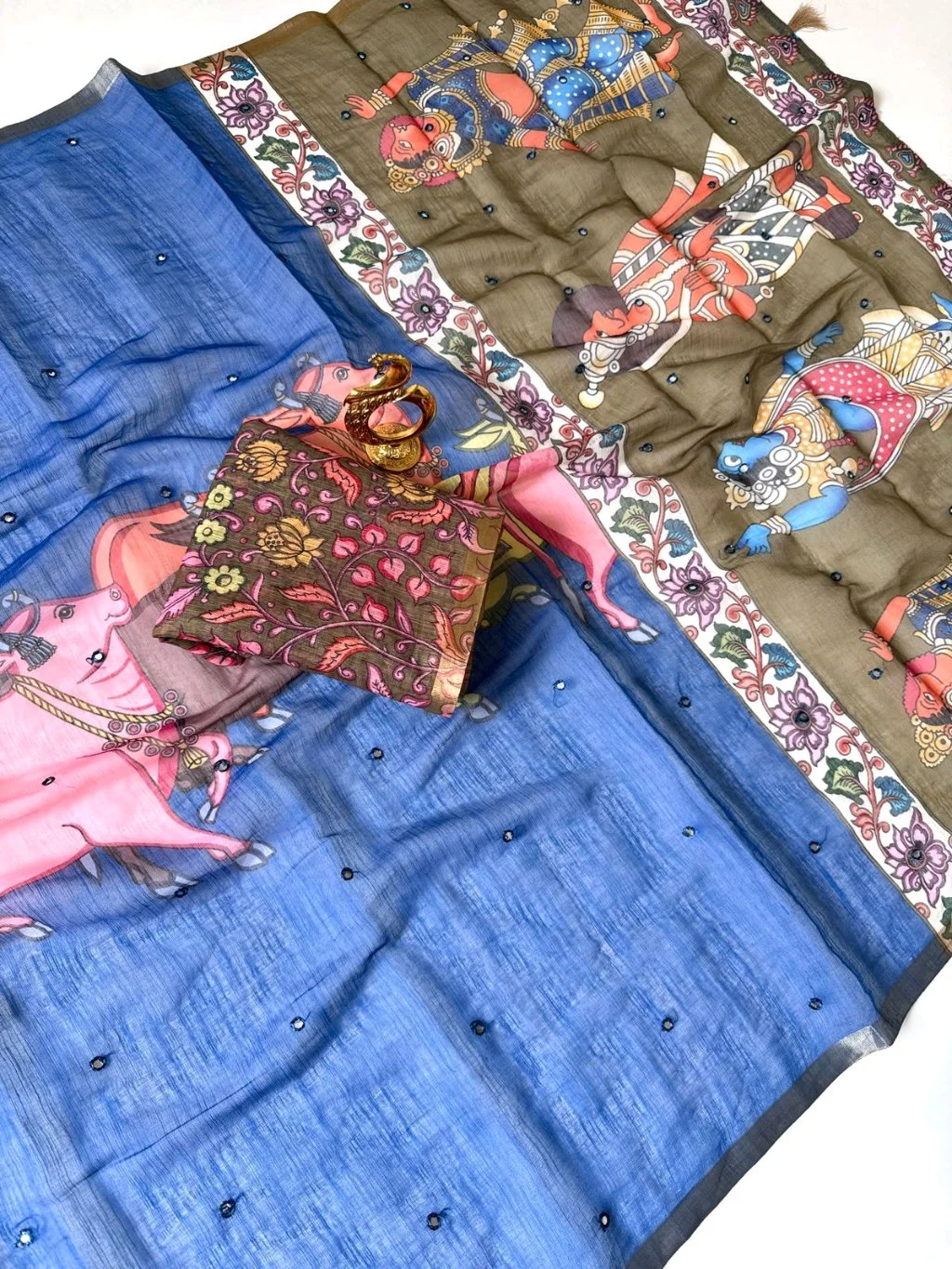Linen Cotton Saree with Kalamkari Print Blouse 7