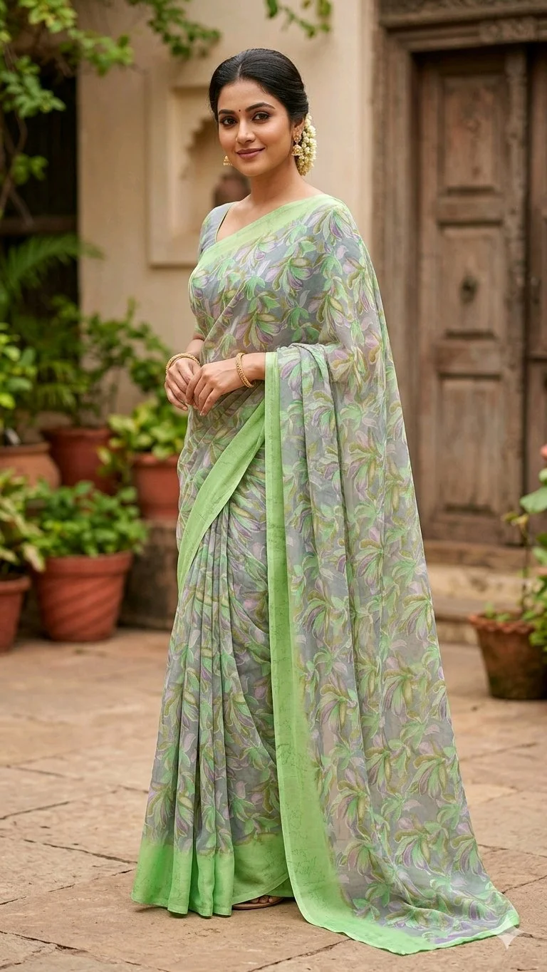 Combo Offer Purple & Light Green Floral Print Chiffon Saree 2