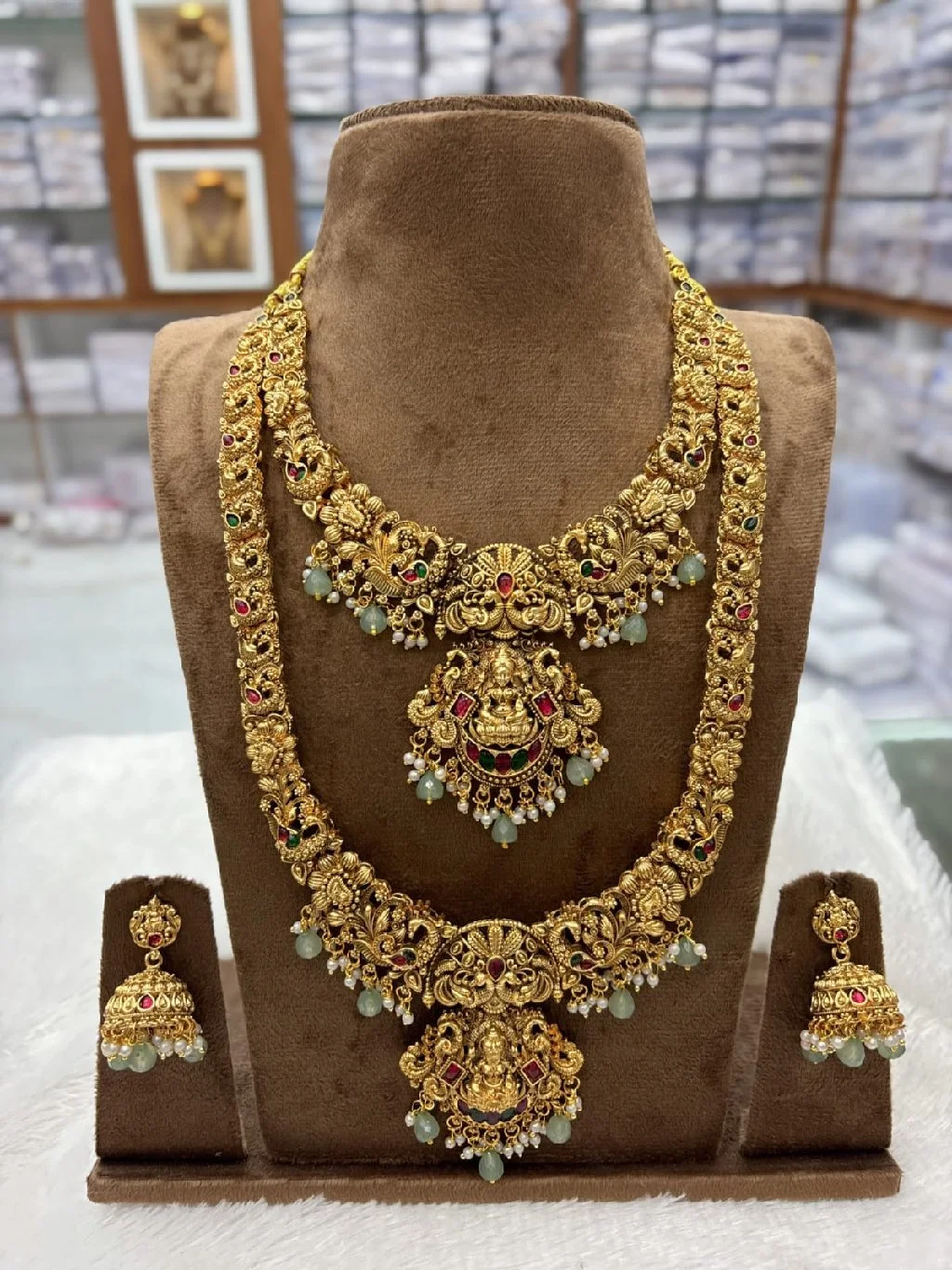 Gold Plated Temple Design Necklace Set with Jhumkas