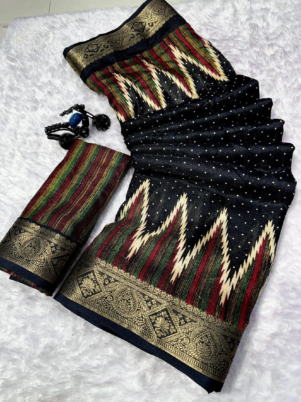Black Marshmallow Saree with Zari Border and Ikat Pallu thumbnail 3