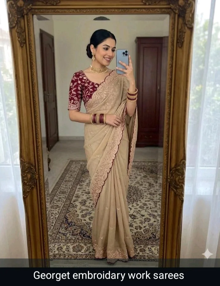 Beige Georgette Embroidery Saree with Maroon Blouse