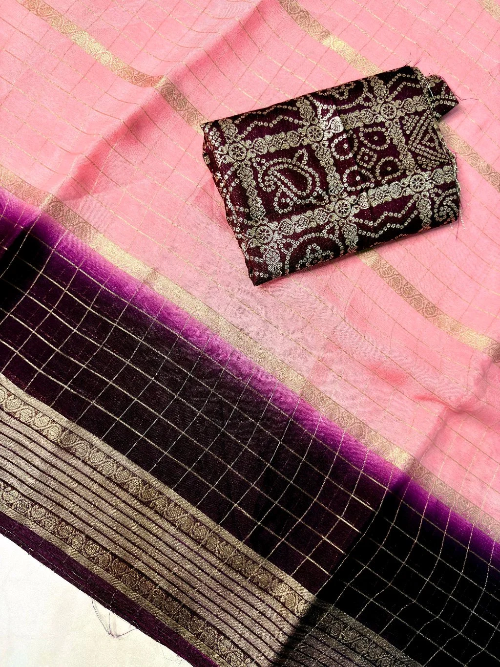 Viscose Chunon Saree with Gold Zari Border and Bandhani Blouse 7