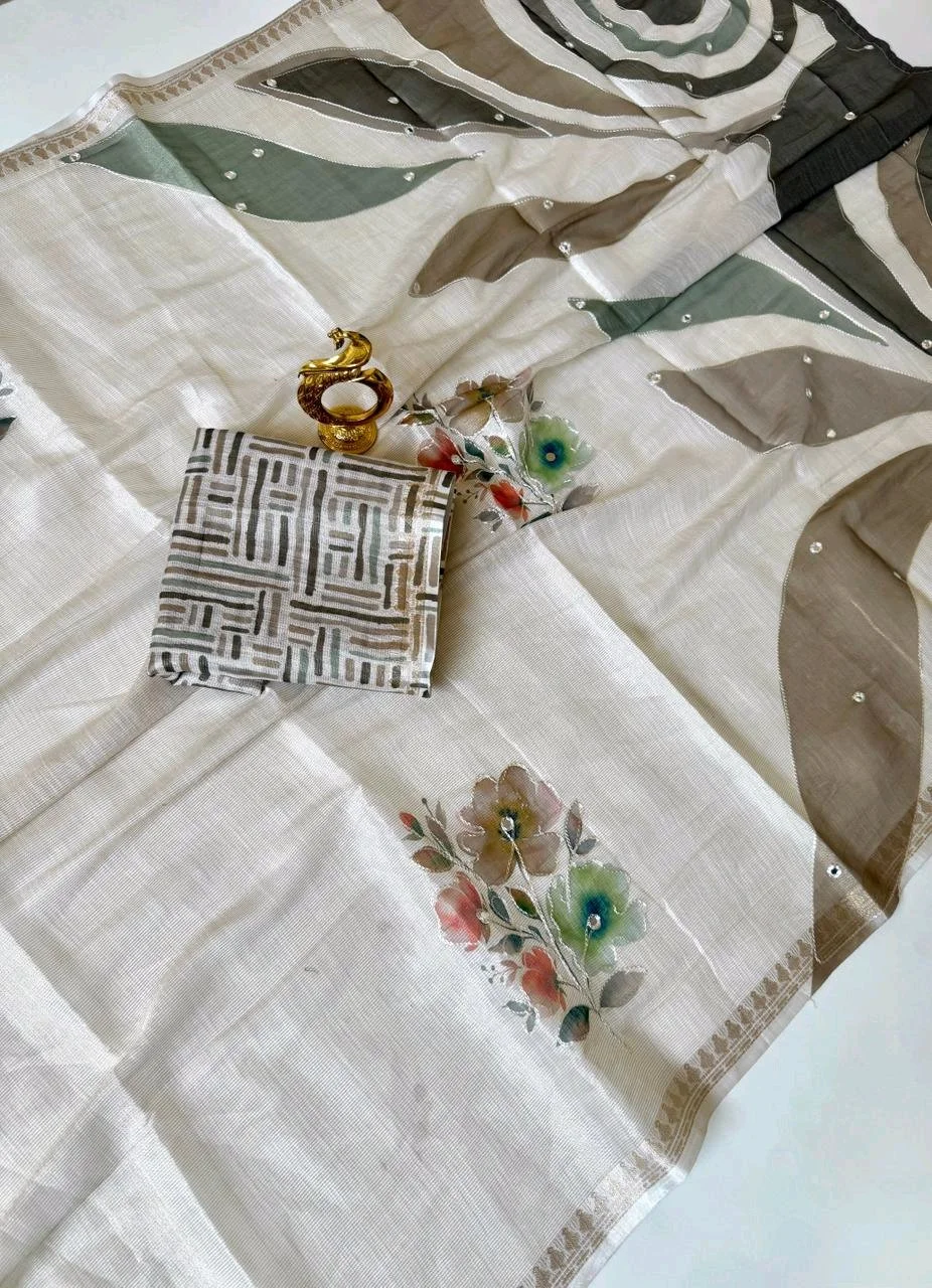 Light Beige Linen Blend Saree with Handpainted Floral Design and Geometric Blouse 5