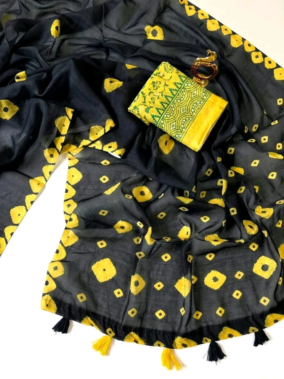 Teal Blue Cotton Saree with Yellow Bandhani Print thumbnail 8