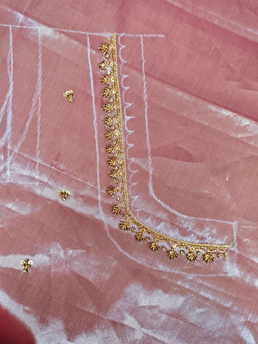 Light Pink Blouse Fabric with Gold Maggam Work Neckline thumbnail 2