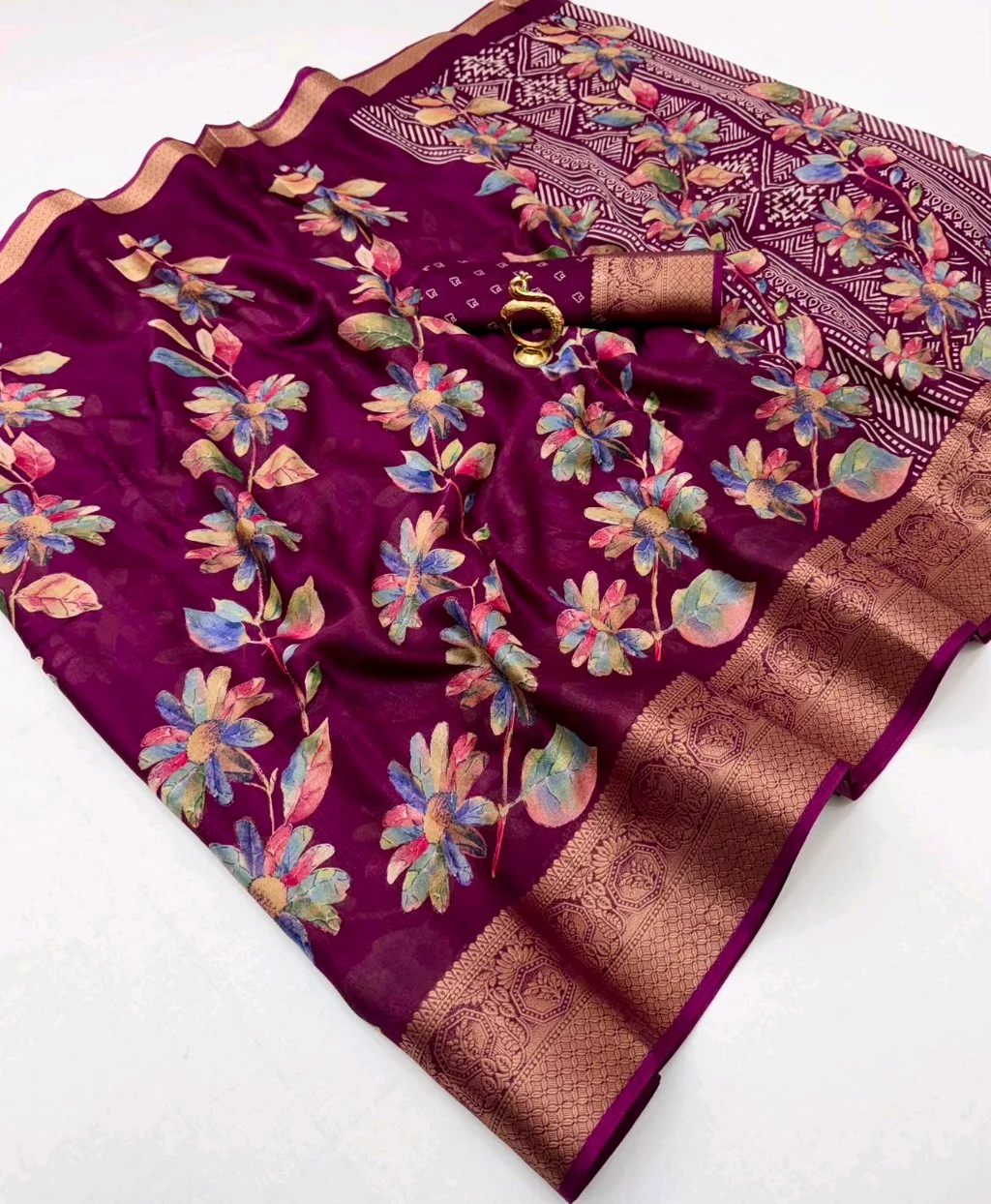 Marshmellow  Floral Print Saree with Zari Border 10