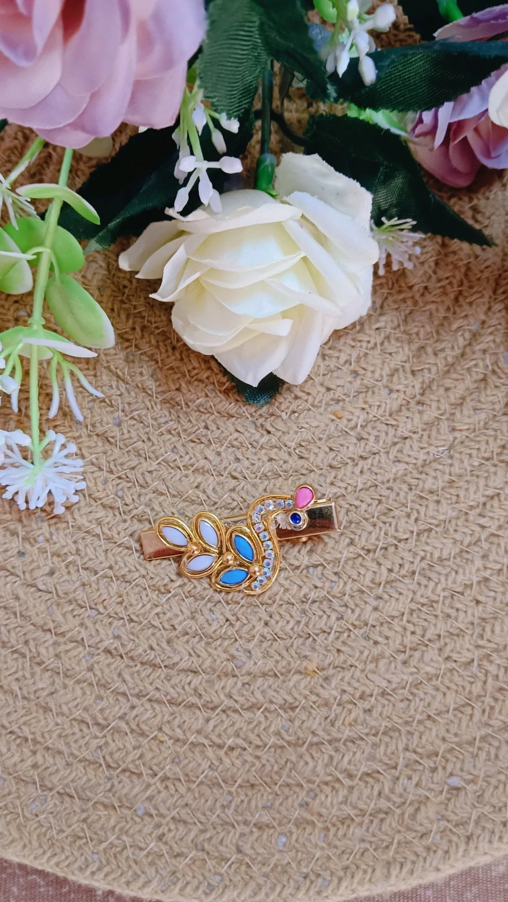 Gold Plated Peacock Hair Clip with Colorful Stones