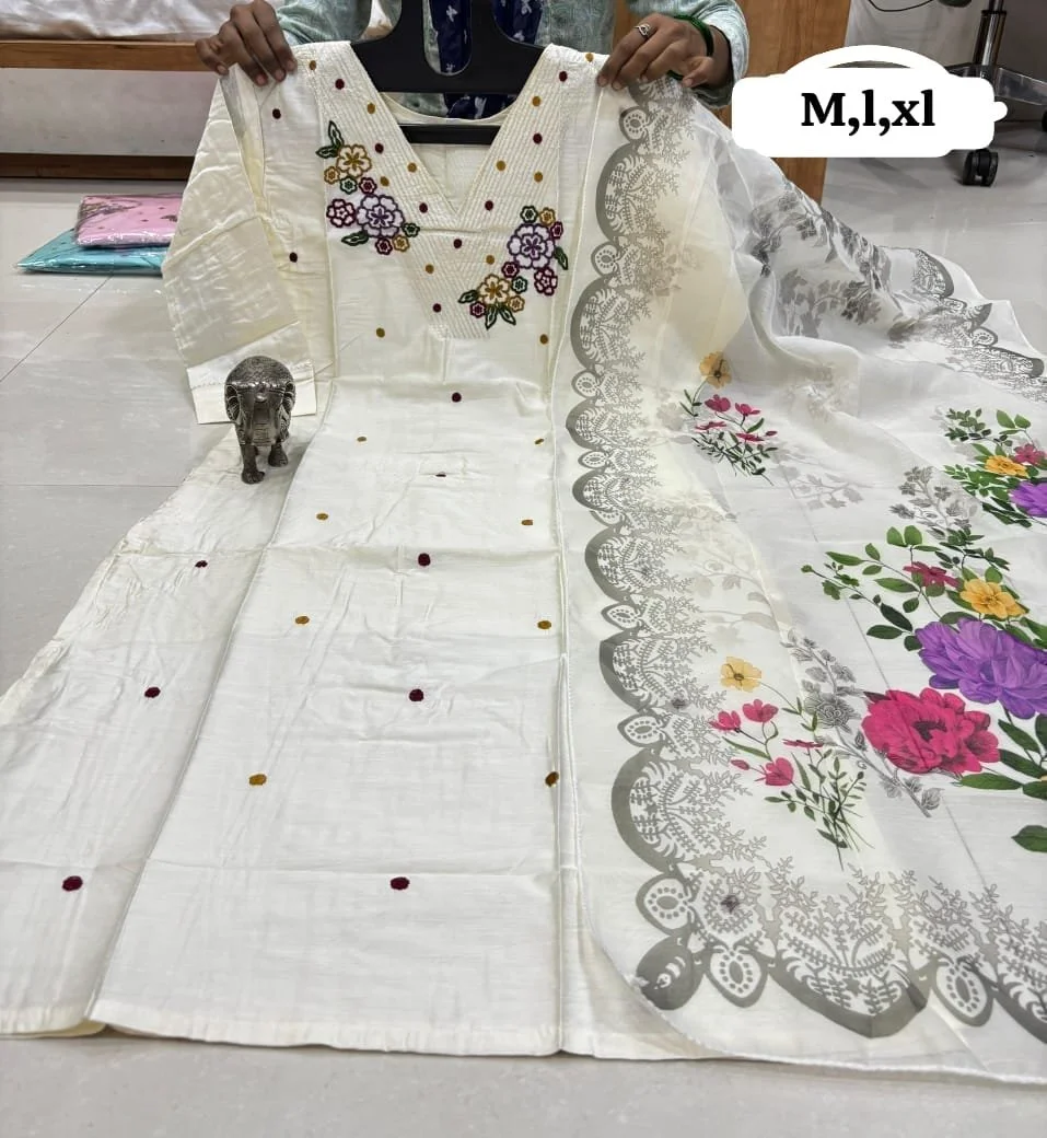 Embroidered Kurta Set with Floral Dupatta