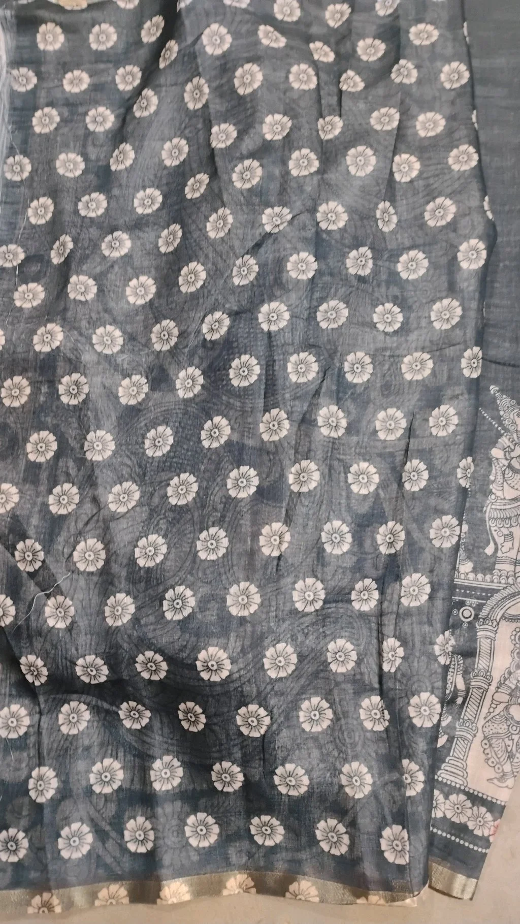 Grey Kalamkari Print Linen Maheshwari Saree thumbnail 5