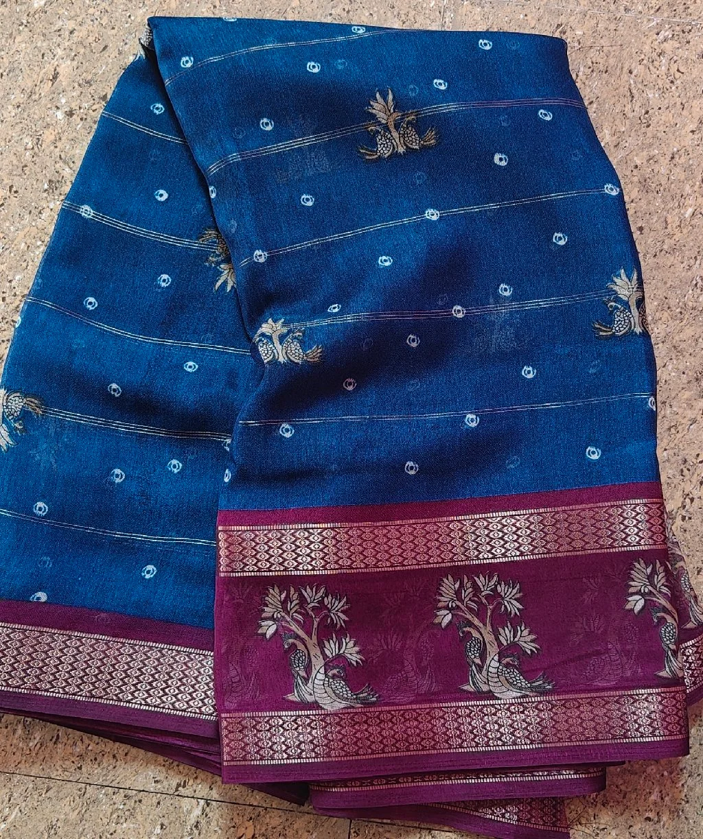 Teal Blue Peacock Tree Motif Saree with Maroon Zari Border thumbnail 1