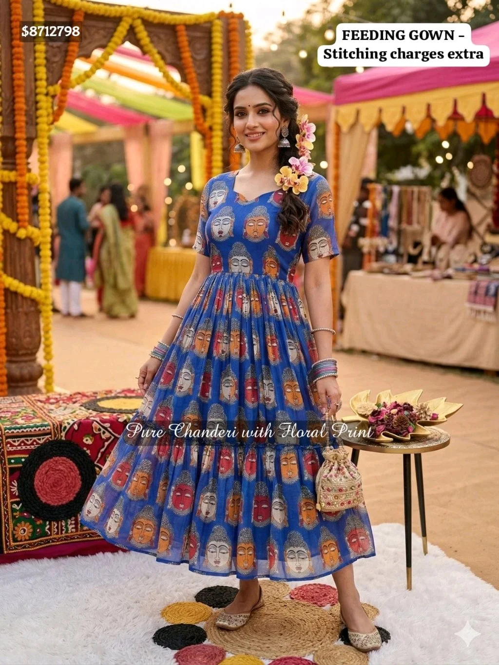 ATB Saree's From the house of CF Saree's Launching Exclusive Chanderi Silk Floral Printed Collection's $8712798New Launching Summer Special Kalamkari Midi Gowns. MATERNITY / FEEDING FROCK OPTION ALSO AVAILABLE.GownGown Fabric : Pure Chanderi Gown Work : Floral PrintedStitchingSize:- M Up to L XL Up to XXL (Fully Stitched) Length : 48" Shoulder : 15 Flair : 3.5 MTR Lining : Micro CottonFeeding Gown Stitching Charges Extra: 150/- Wow Price @1000 Free Ship 100% Orignal Quality We Promise PQR Price Quality and Range Single and Multiples Available Note - colors may vary slightly due to photography and display strictly no exchange or return for color variations unpacking video must for any sort of complaint. 2