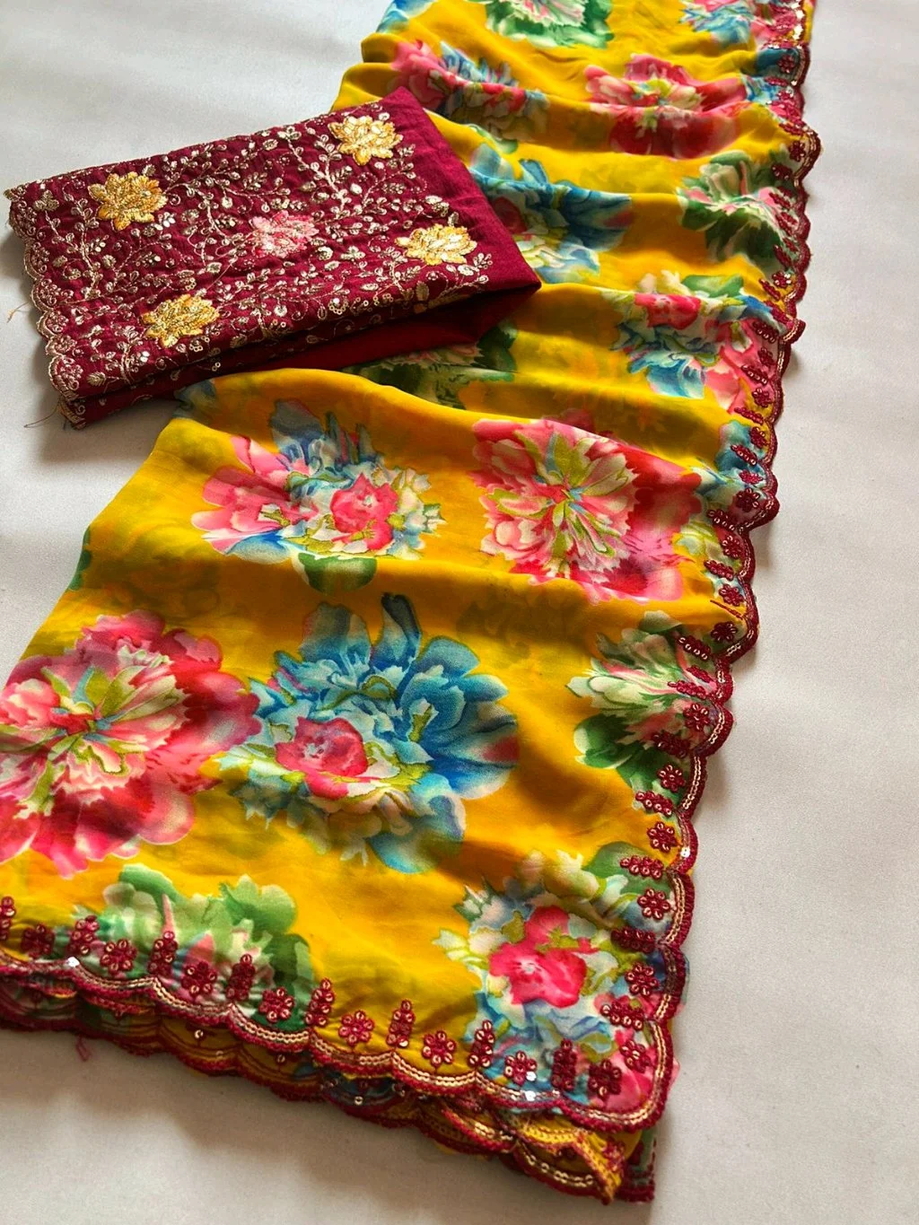Yellow Floral Print Saree with Embroidered Red Blouse Piece 2
