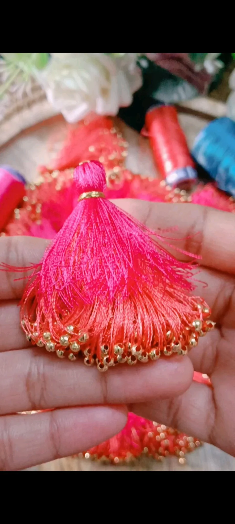 Pink Orange Silk Thread Saree Tassels with Gold Beads thumbnail 2