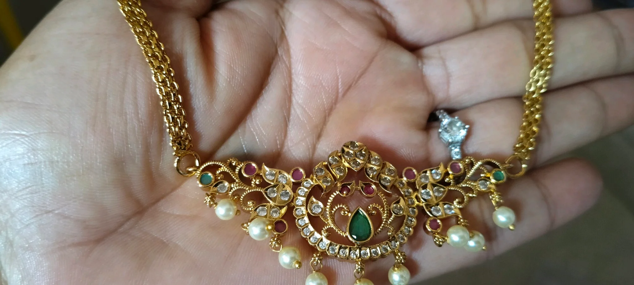Gold Plated Traditional Necklace with Emerald Ruby and Pearl Drops