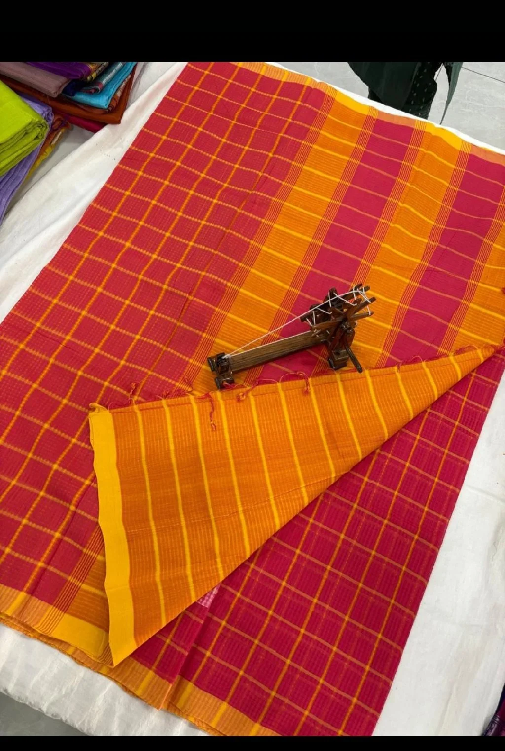 Red and Orange Checkered Handloom Saree