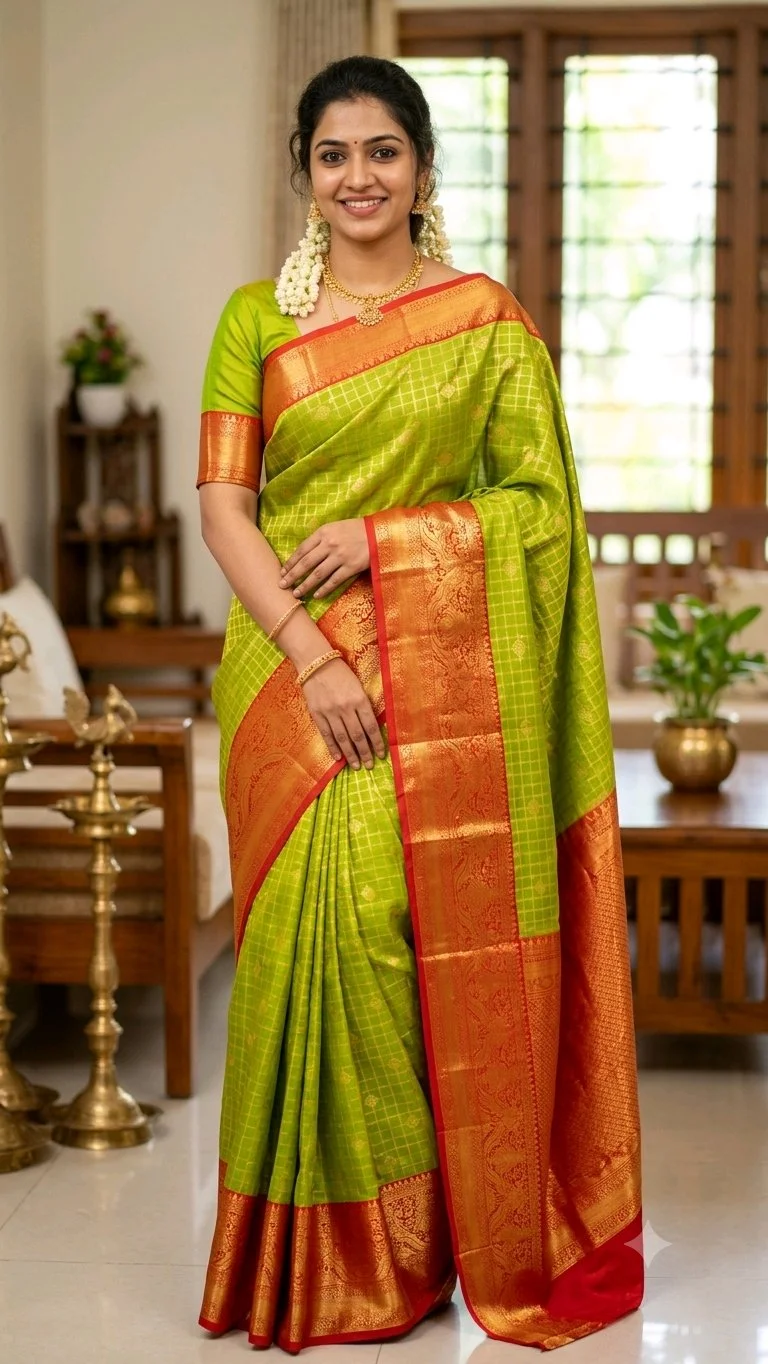 Pure Dharmavaram Lime Green Saree with Red and Gold Zari Border thumbnail 1