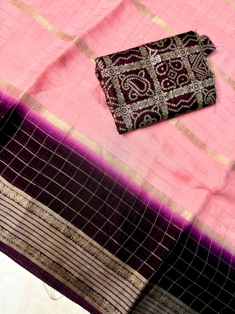 Viscose Chunon Saree with Gold Zari Border and Bandhani Blouse 6
