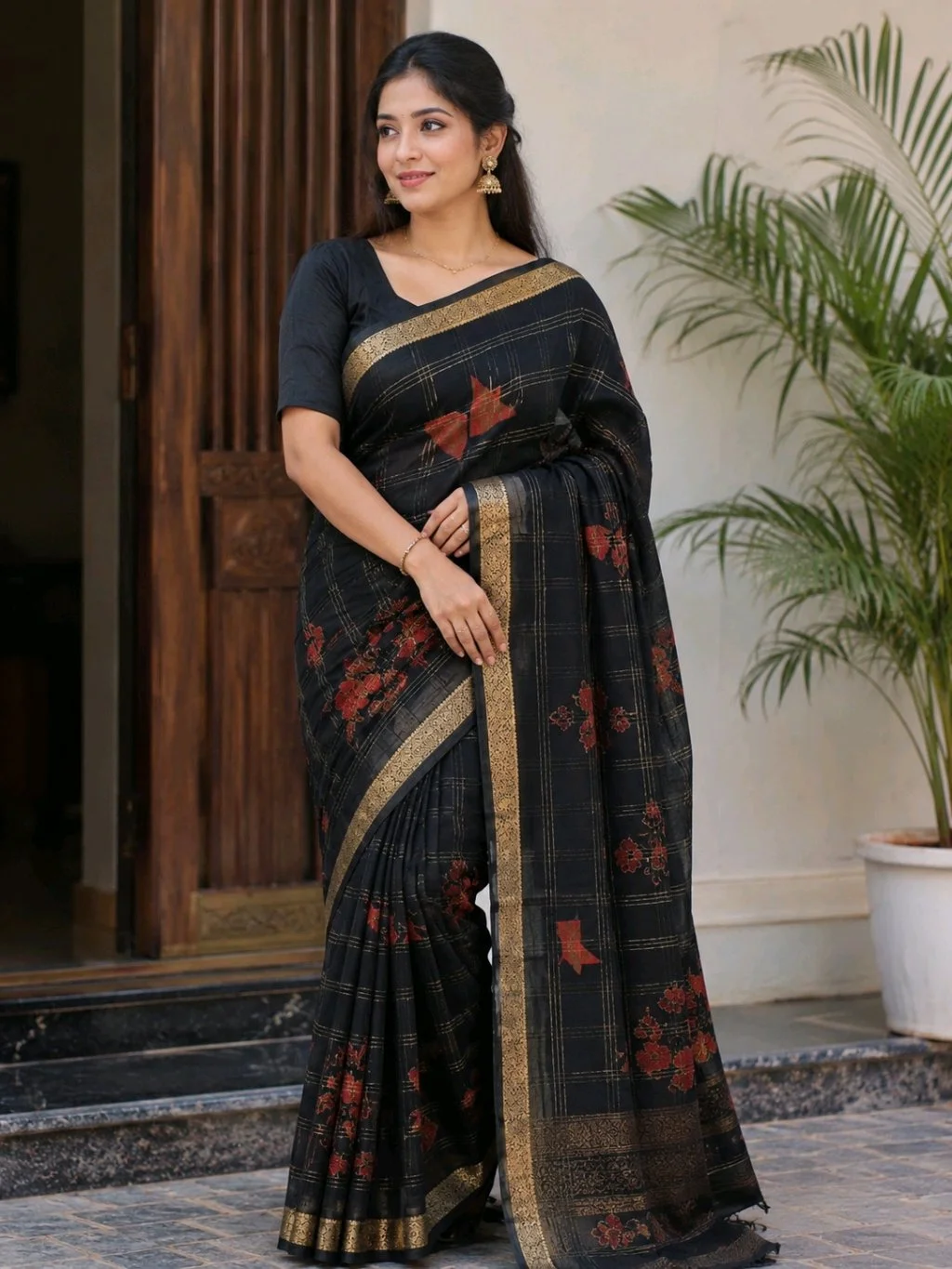 Black Silk Blend Saree with Gold Checkered Pattern and Floral Print thumbnail 1