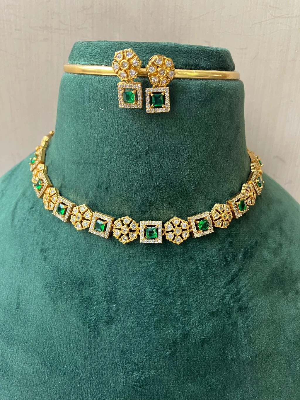 Gold Plated AD and Green Stone Choker Necklace Set thumbnail 2