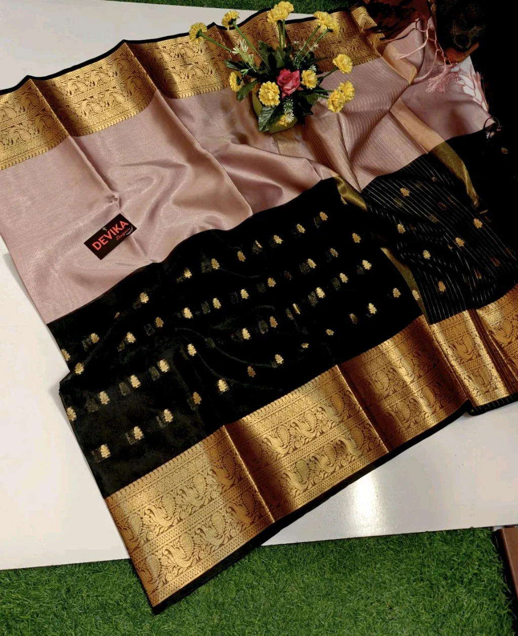 Black Cora Silk Saree with Gold Zari Border thumbnail 6