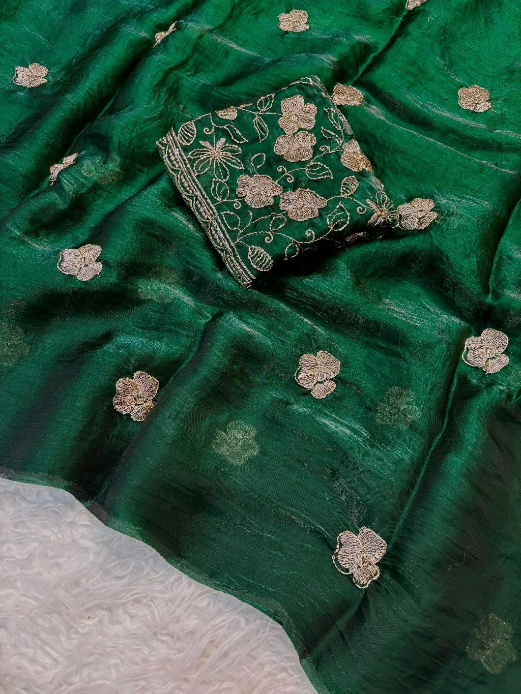 Space Silk Saree Fabric with Gold Floral Embroidery thumbnail 5