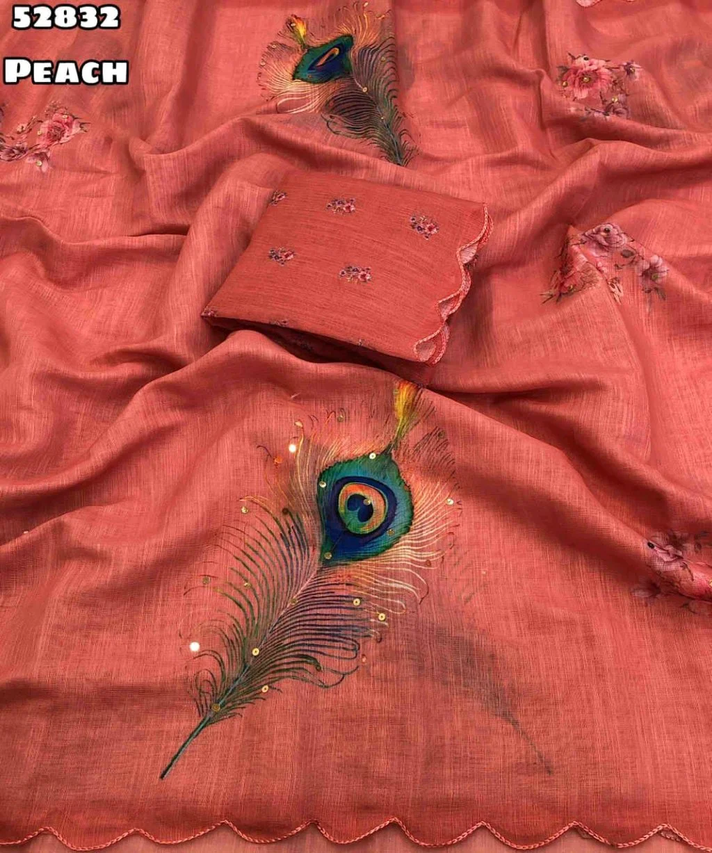Soft Lenin With Peacock Feather Embroidered Saree with Floral Blouse thumbnail 6
