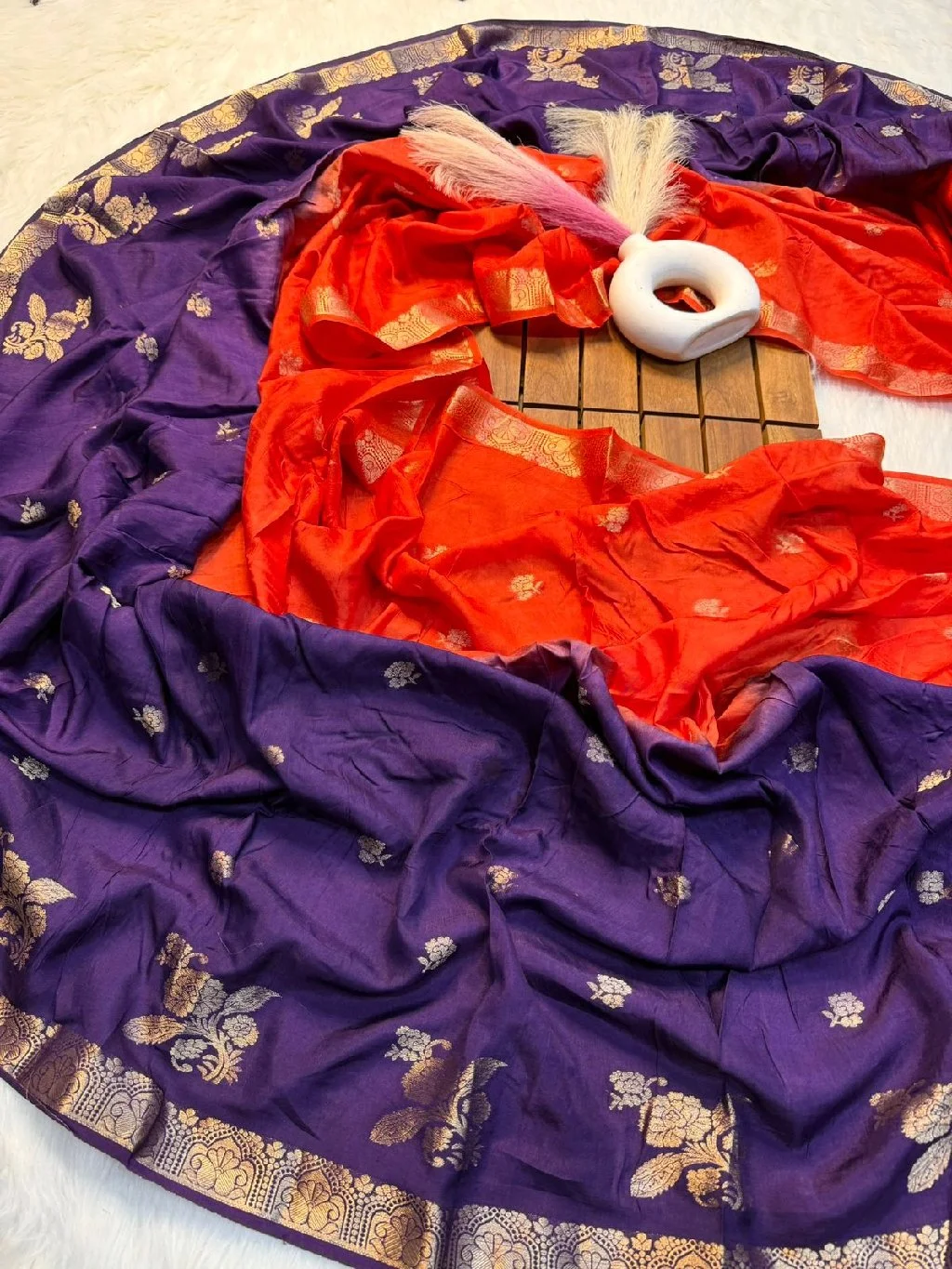 Ombre Orange Pink Saree with Gold Zari Weave thumbnail 4