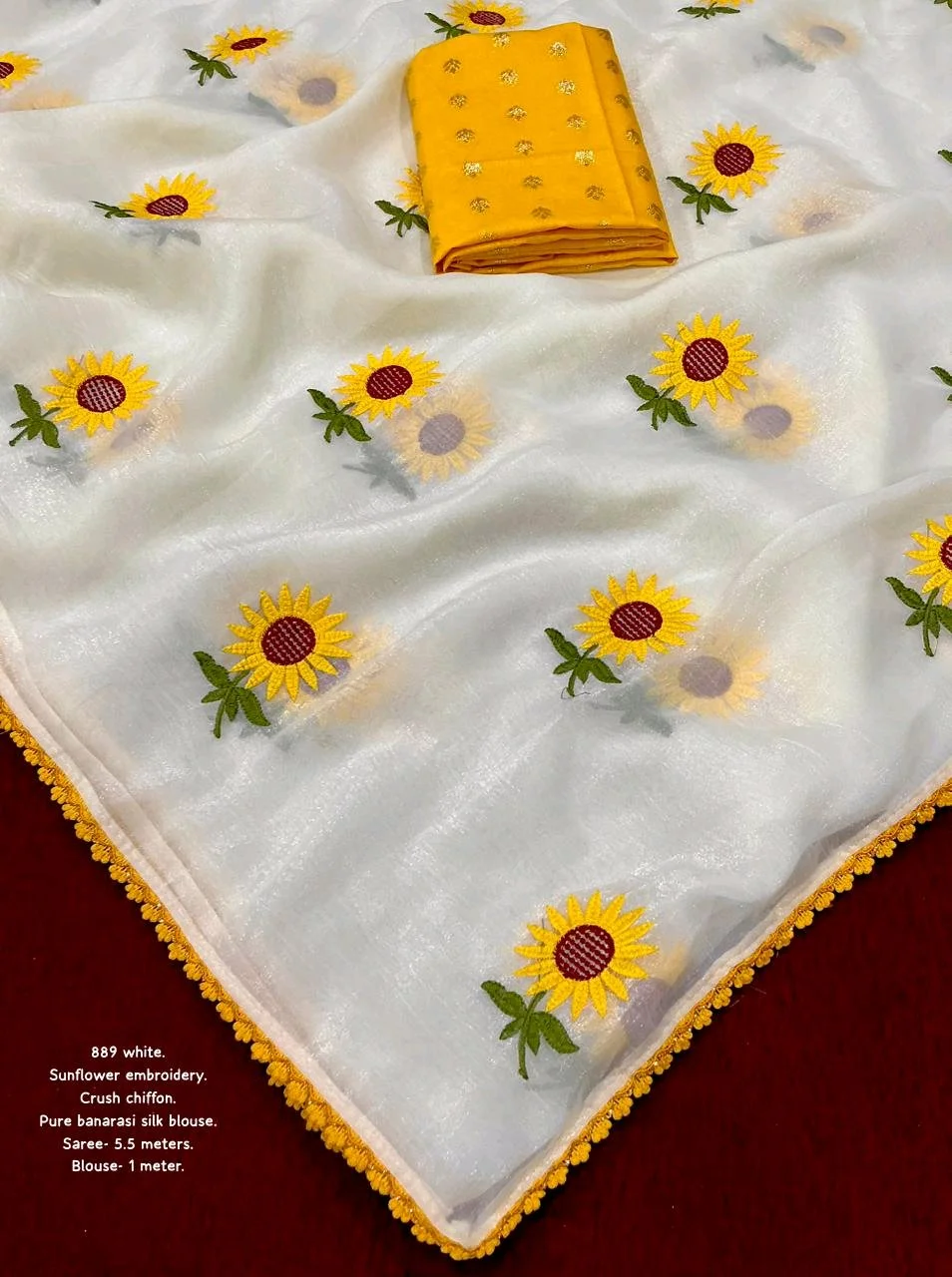 White Crush Chiffon Saree with Sunflower Embroidery and Banarasi Silk Blouse 4