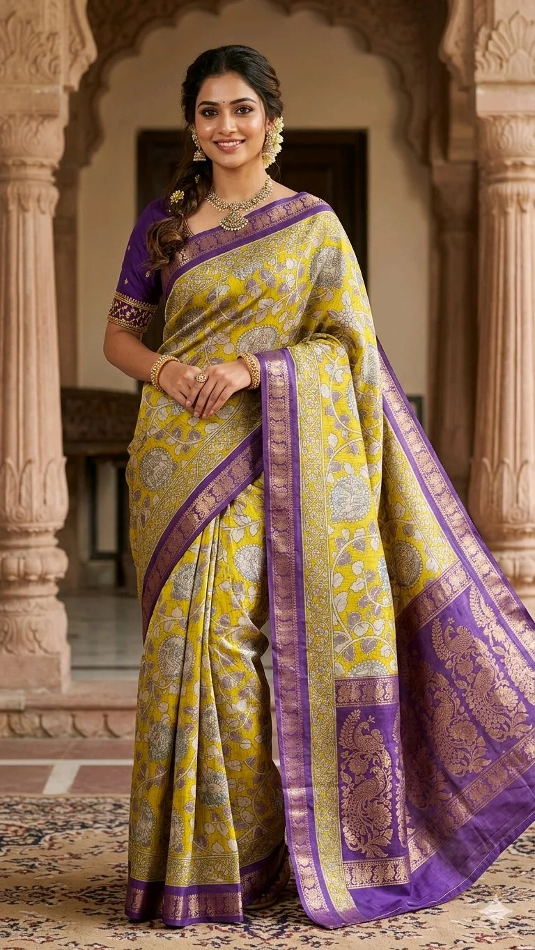Maheshwari Silk Saree, Mehendi Green with Purple 1