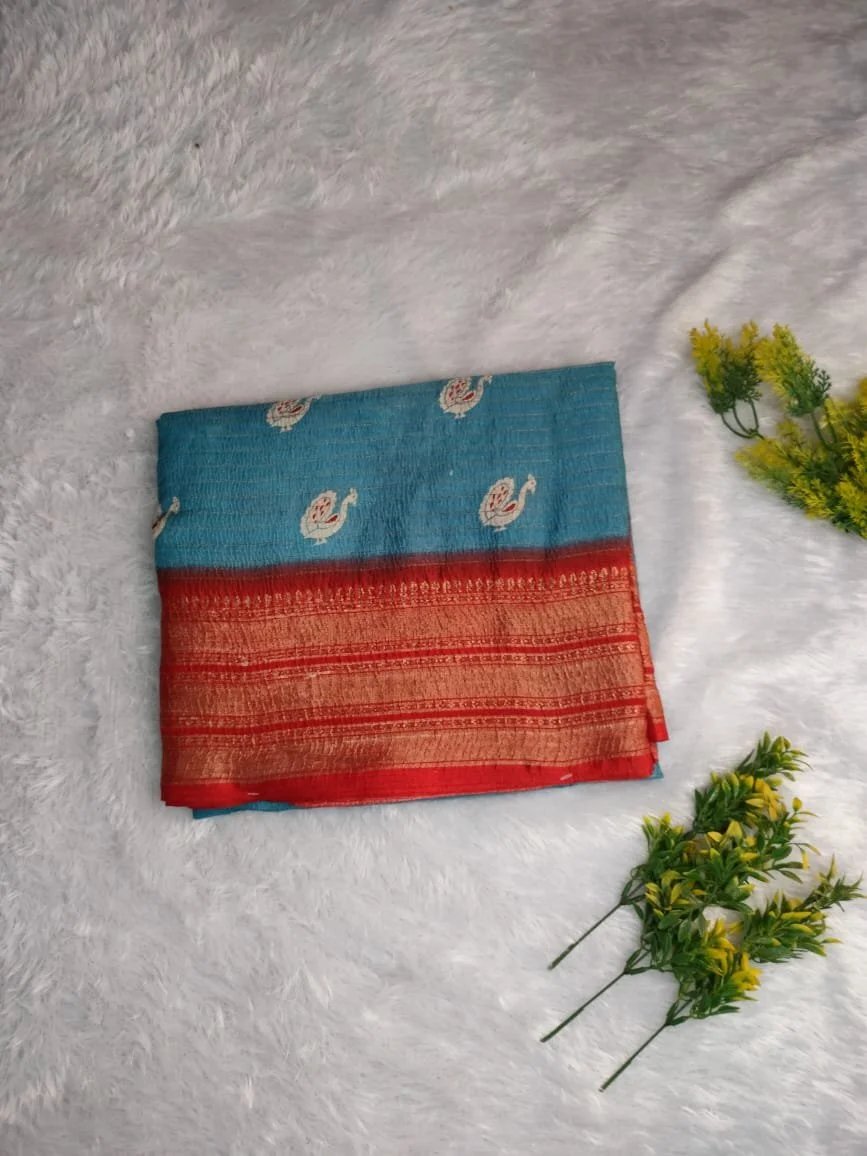 Light Brown, Blue, Saree Swith Red Border and Peacock Motifs 1