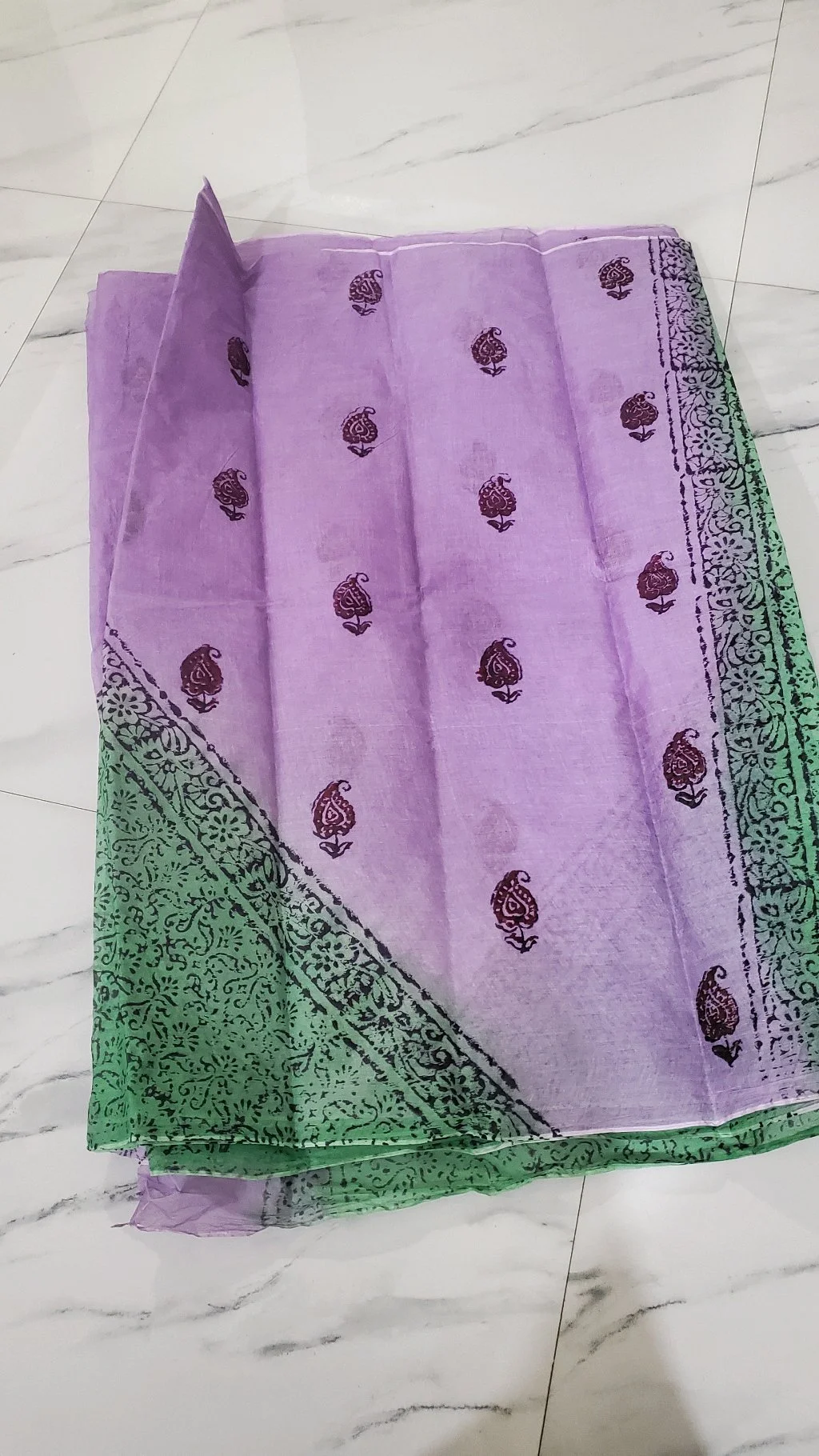 Lavender and Green Block Print Organdi Saree thumbnail 1