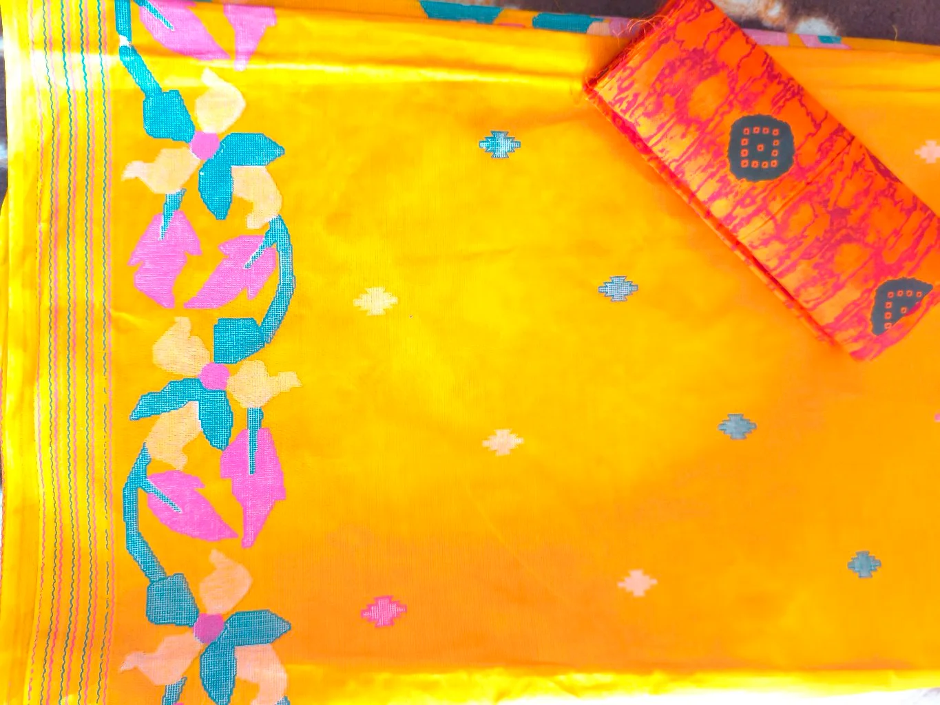 Vibrant Yellow Cotton Saree with Floral Border 2