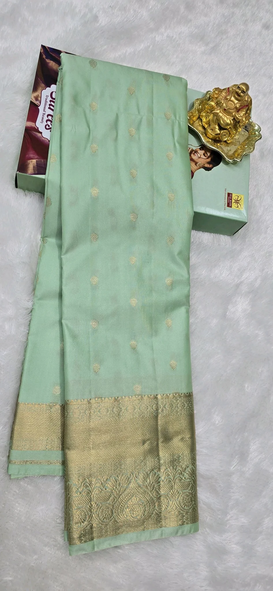 Light Green Dharmavaram Pattu Saree with Gold Zari Buttas and Border