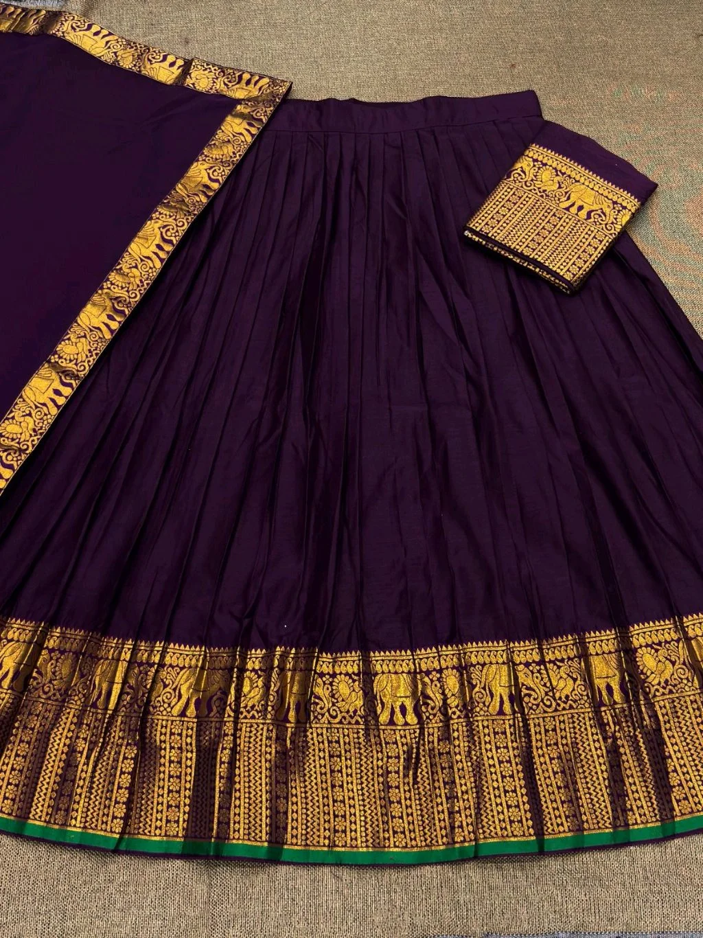 Plum Pleated Lehenga Choli Set with Elephant Zari Border 1